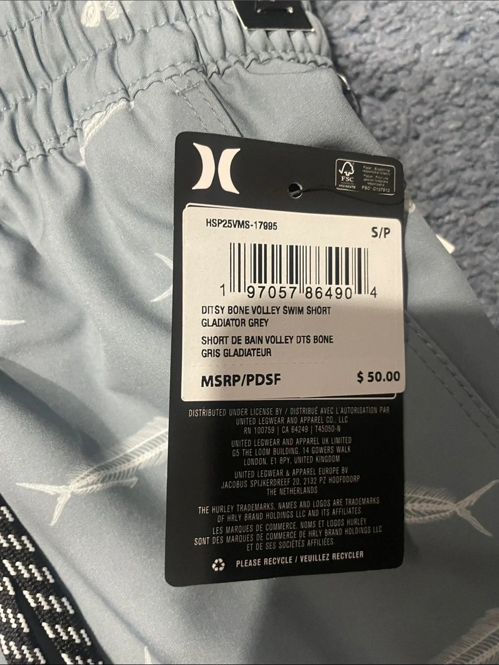 Hurley Light Gray Swim Shorts with White Fish Motif- NWT